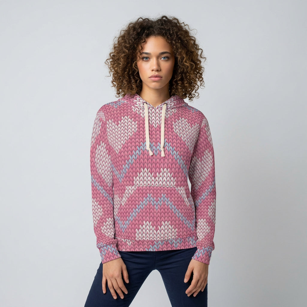 Knit Heart Pattern Hoodie | Pink Chevron Heart Knit Pullover