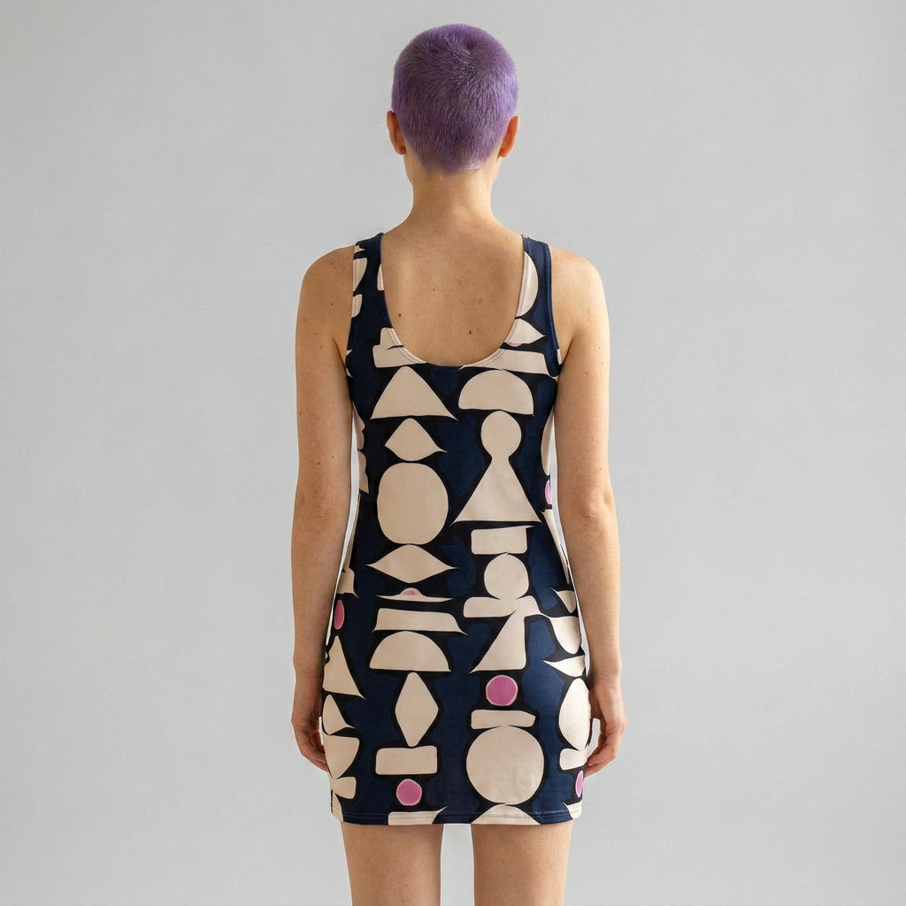 Abstract Geometric Shapes Racerback Dress | Navy White Pink Pattern