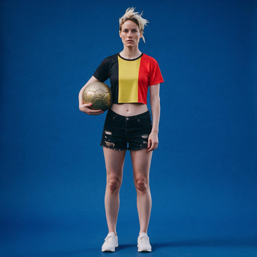 A model stands against a solid blue studio background wearing a cropped t-shirt with black, yellow, and red vertical panels, black denim shorts, and white sneakers, while holding a gold soccer ball.