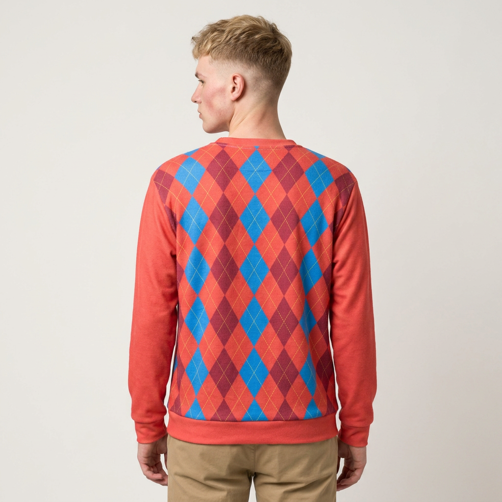 A man viewed from the back wearing a coral red crewneck sweatshirt with a blue and purple argyle pattern on the back, paired with khaki pants, against a light gray studio background.