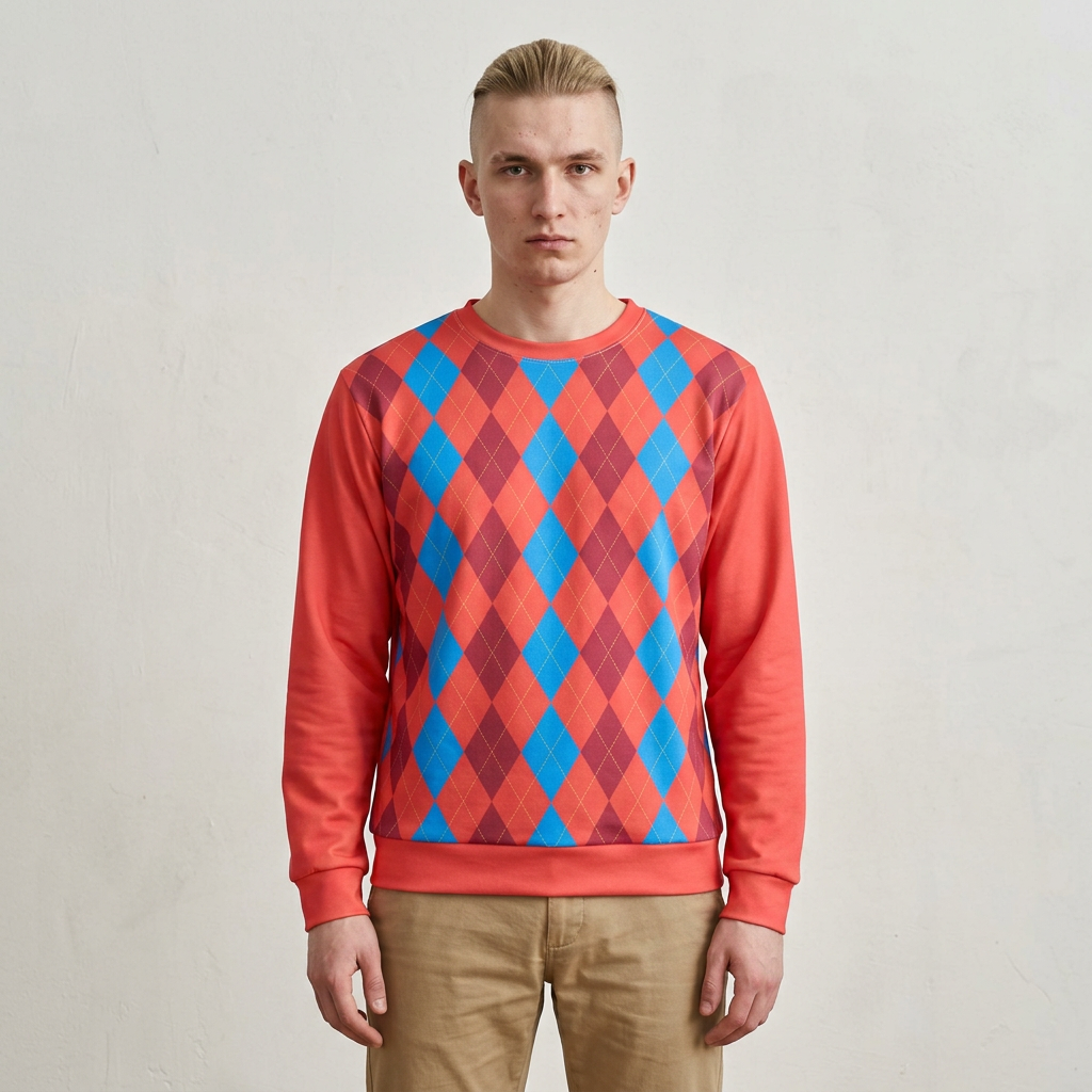 A man wearing a crewneck sweatshirt with a vibrant argyle pattern in blue, magenta, and coral, paired with khaki pants, standing against a light textured wall.