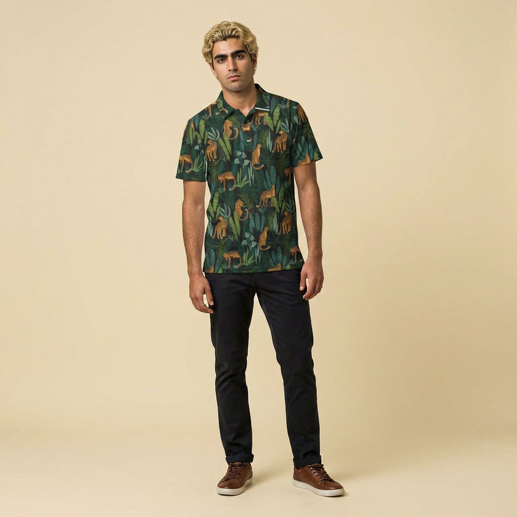 Jungle Cheetah Print Polo | Tropical Leaves Animal Pattern
