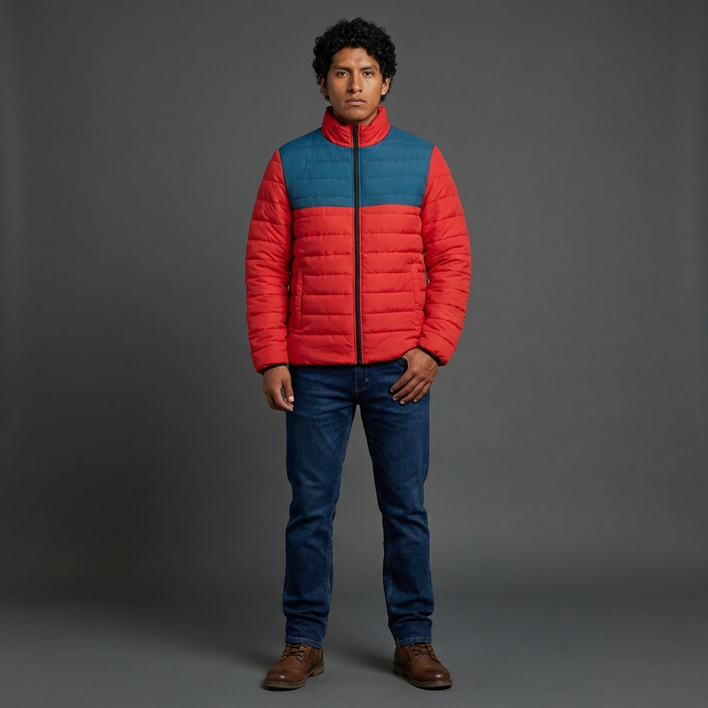 Men's Colorblock Puffer Jacket – Red & Teal Lightweight Insulated Coat