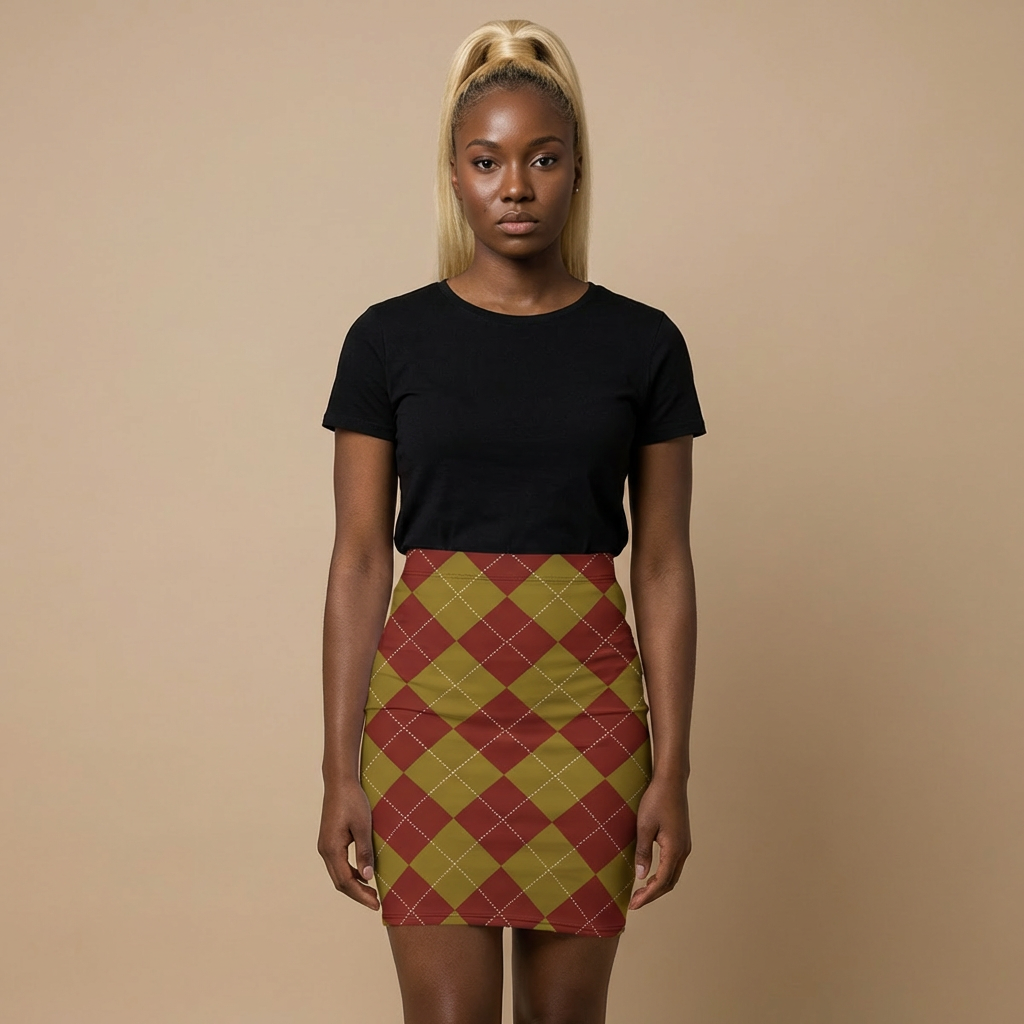 Maroon Olive Argyle Pencil Skirt | Plaid Pattern