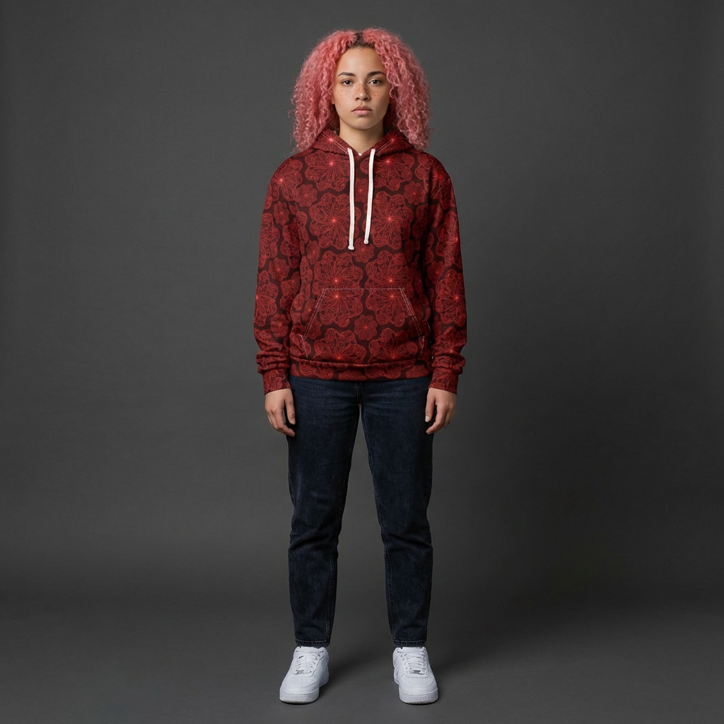 Red Floral Mandala Hoodie | All-Over Print Pullover