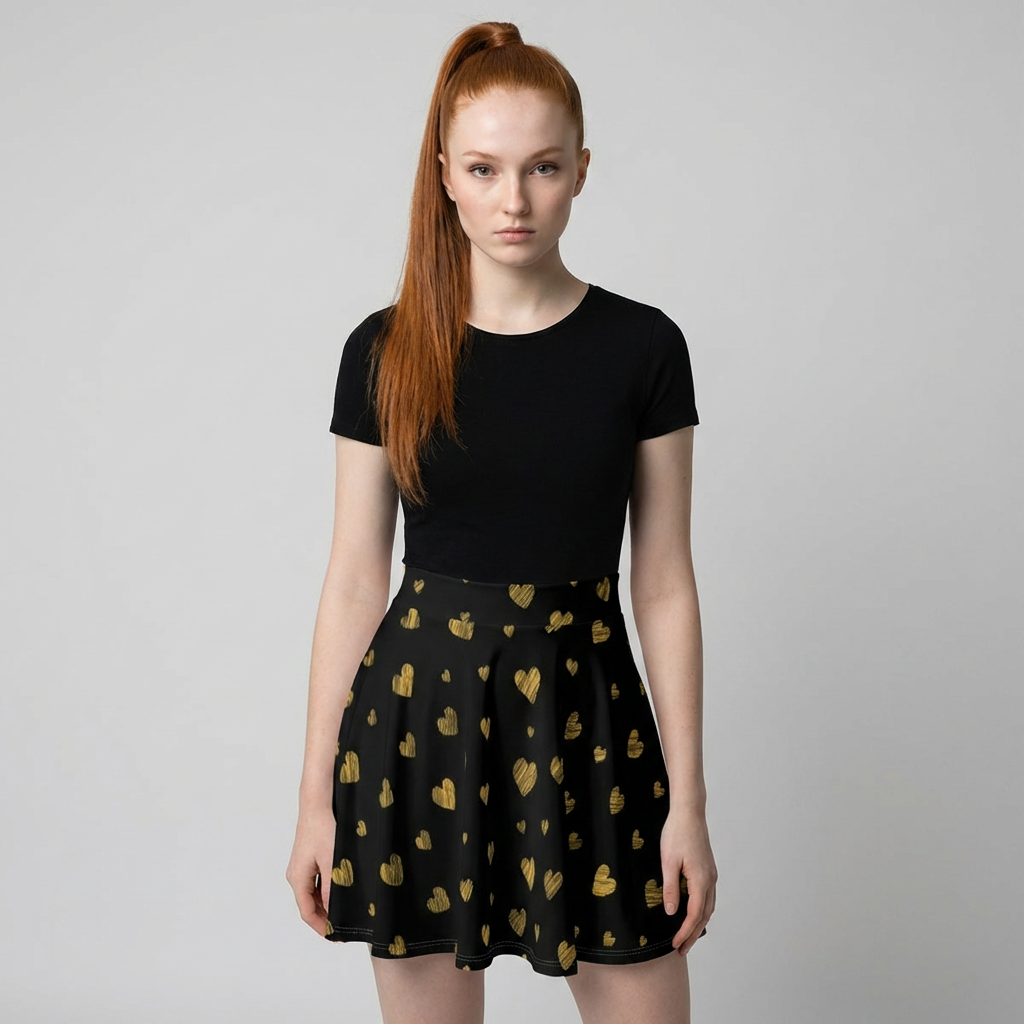 Gold Heart Pattern Skater Skirt | Black Gold Heart Print Skirt