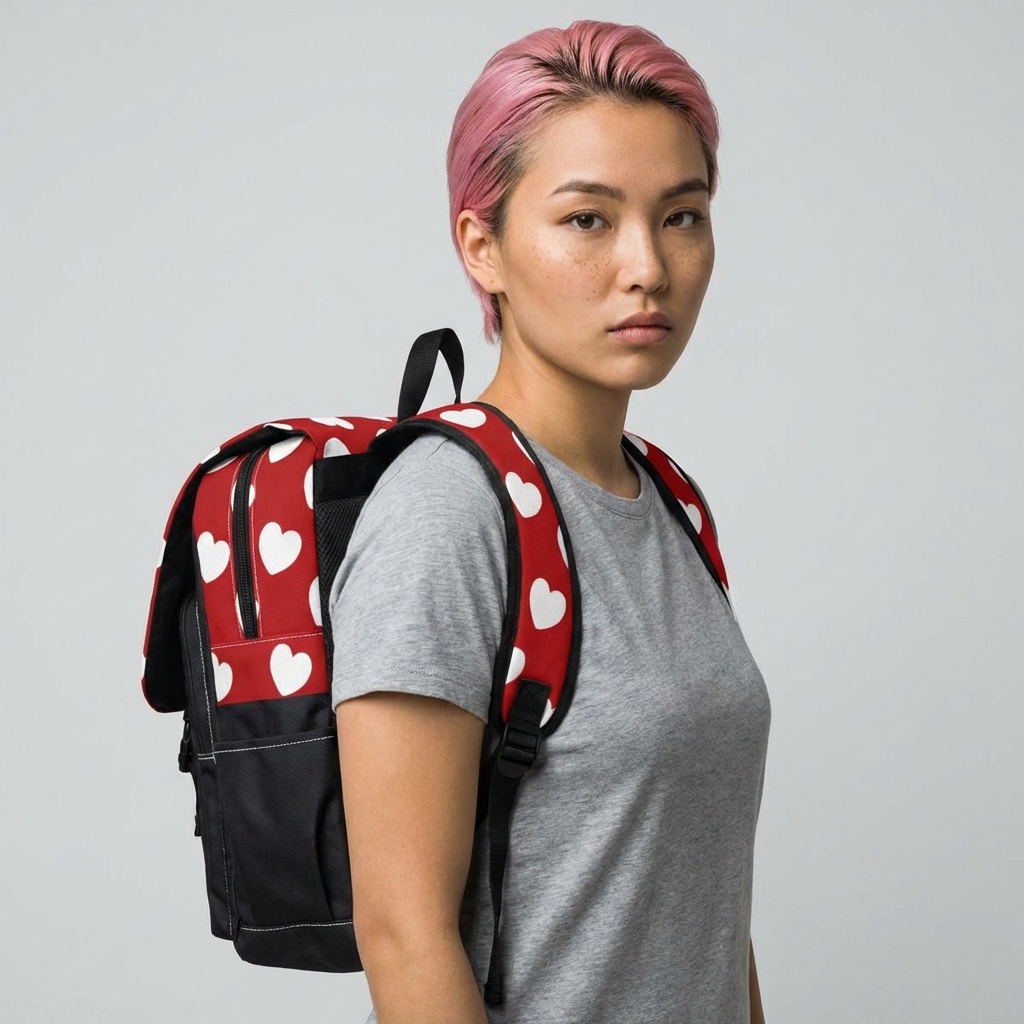 Valentine's Hearts Black Backpack — White Heart Print Shoulder Bag