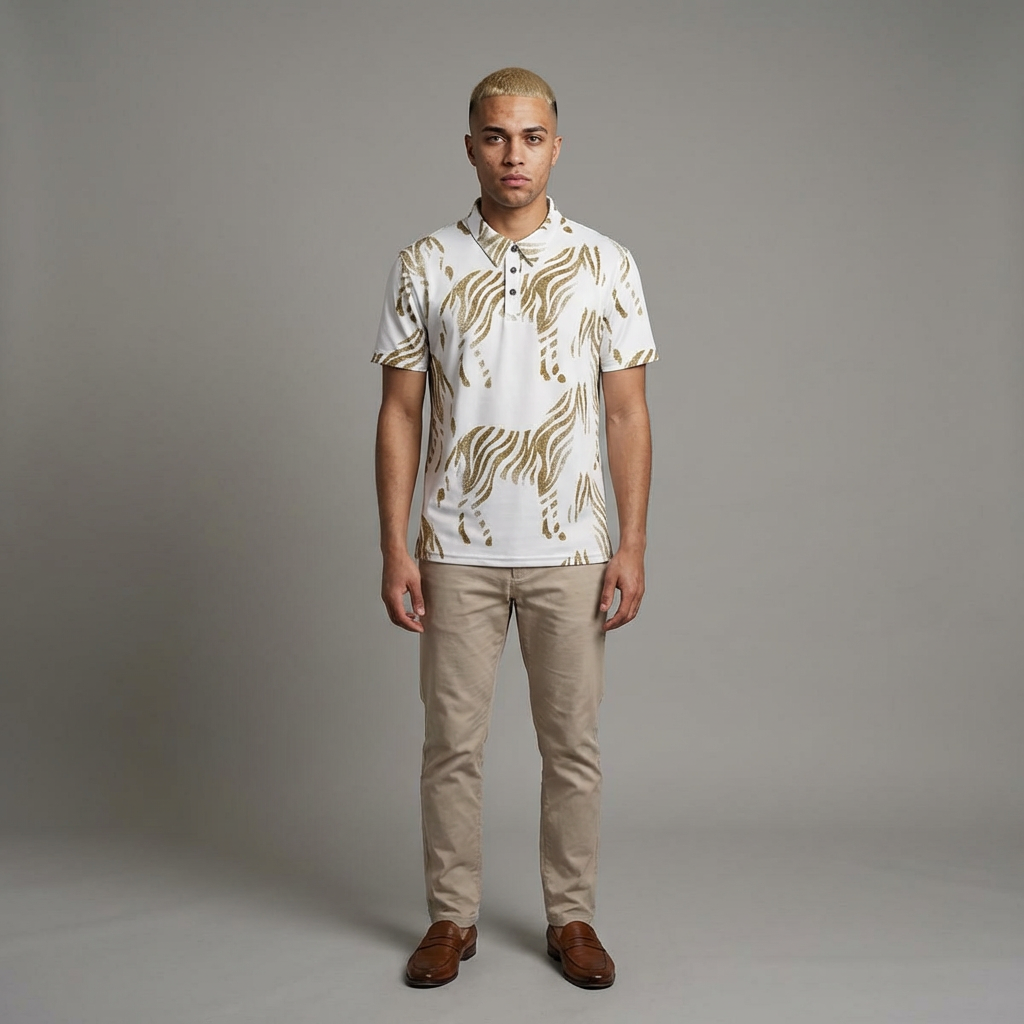 Gold Zebra Print Polo Shirt | All-Over Pattern, Animal Stripe Design