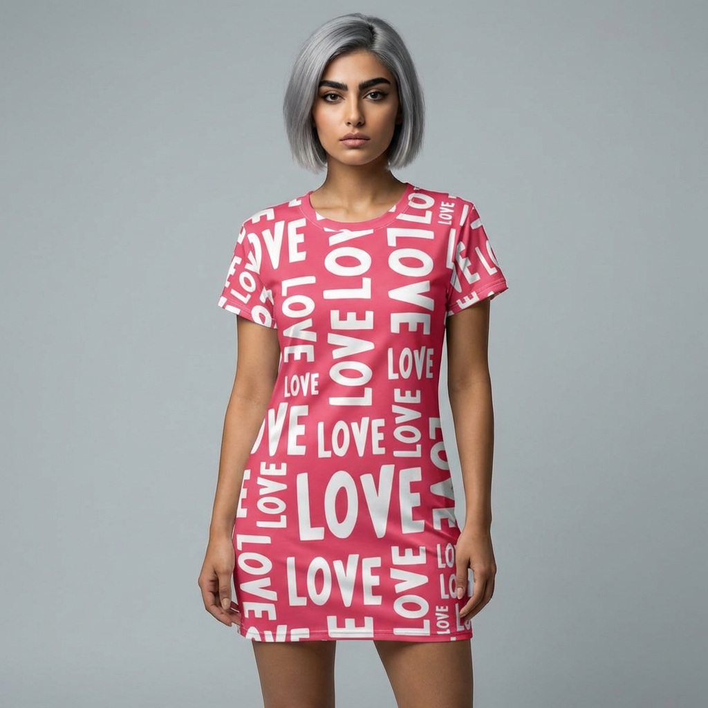 Valentine's Day Love Repeat Pattern T-Shirt Dress Pink Typography