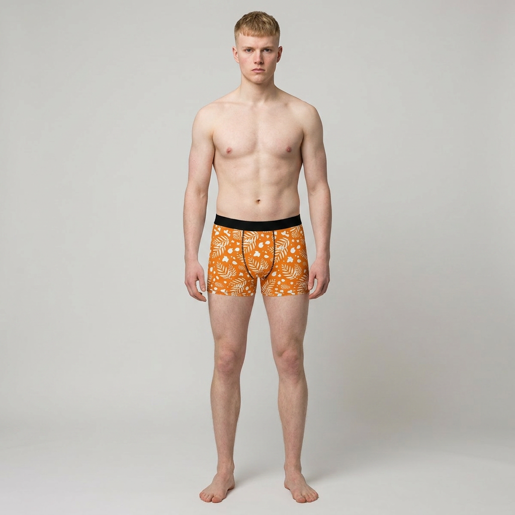 Orange Leaf Pattern Boxer Briefs — Men's All-Over Print Autumn Undergarment