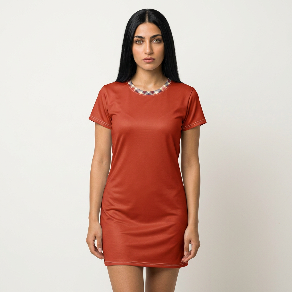 Rust Plaid Trim T-Shirt Dress — Casual A-Line Tee Dress