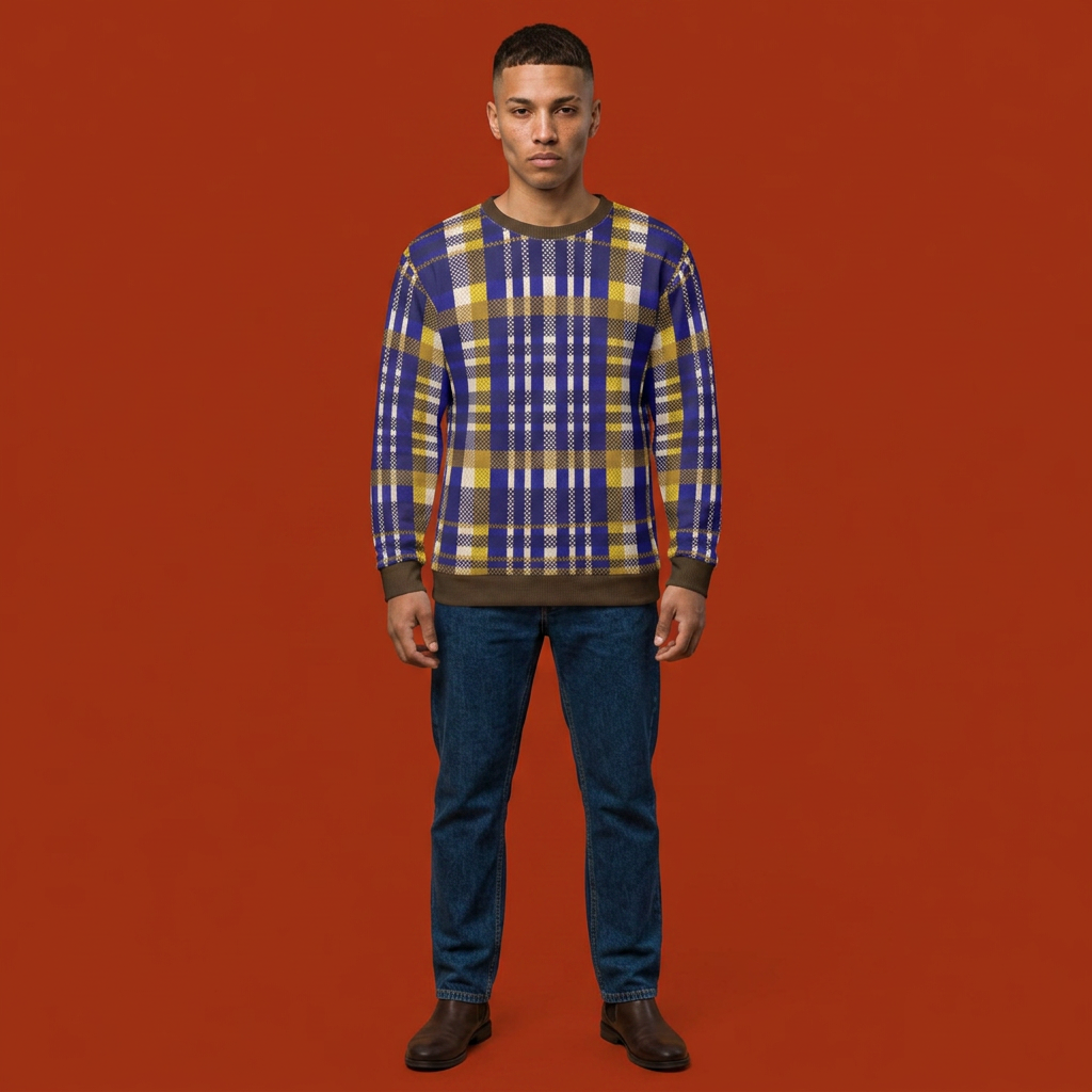 A man stands against a solid orange-red studio background wearing a long-sleeve crewneck sweater with a blue, yellow, and white plaid pattern, dark blue jeans, and dark brown shoes.