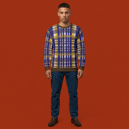A man stands against a solid orange-red studio background wearing a long-sleeve crewneck sweater with a blue, yellow, and white plaid pattern, dark blue jeans, and dark brown shoes.