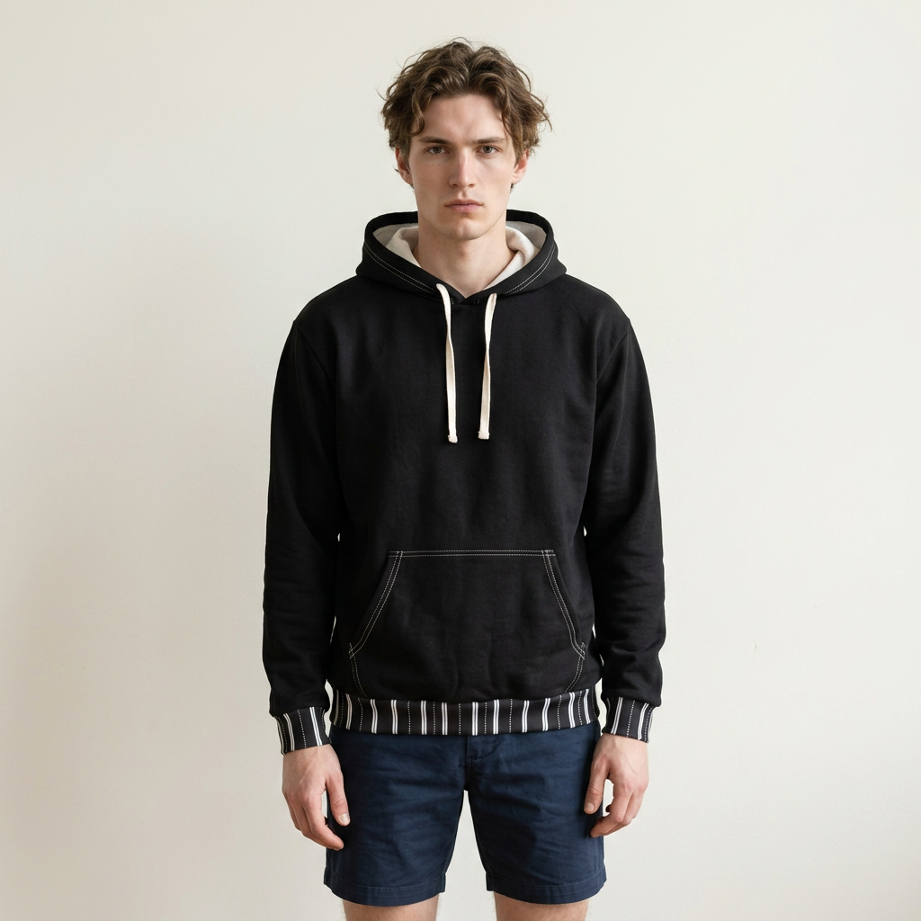 Black White Striped Cuff Hoodie — Cozy Unisex Pullover w Black White Trim