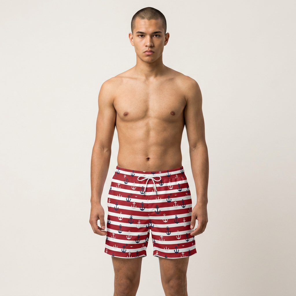Nautical Red Striped Anchor Swim Shorts — Men’s Mid-Length Beach Trunks