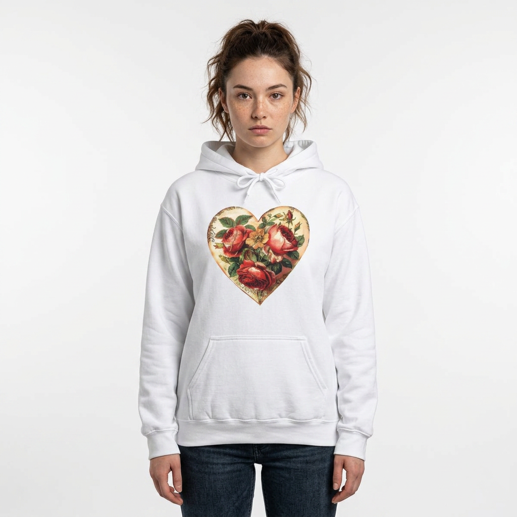 A woman modeling a white pullover hoodie with a vintage-style heart graphic on the chest containing red roses and green leaves, set against a plain light gray background.