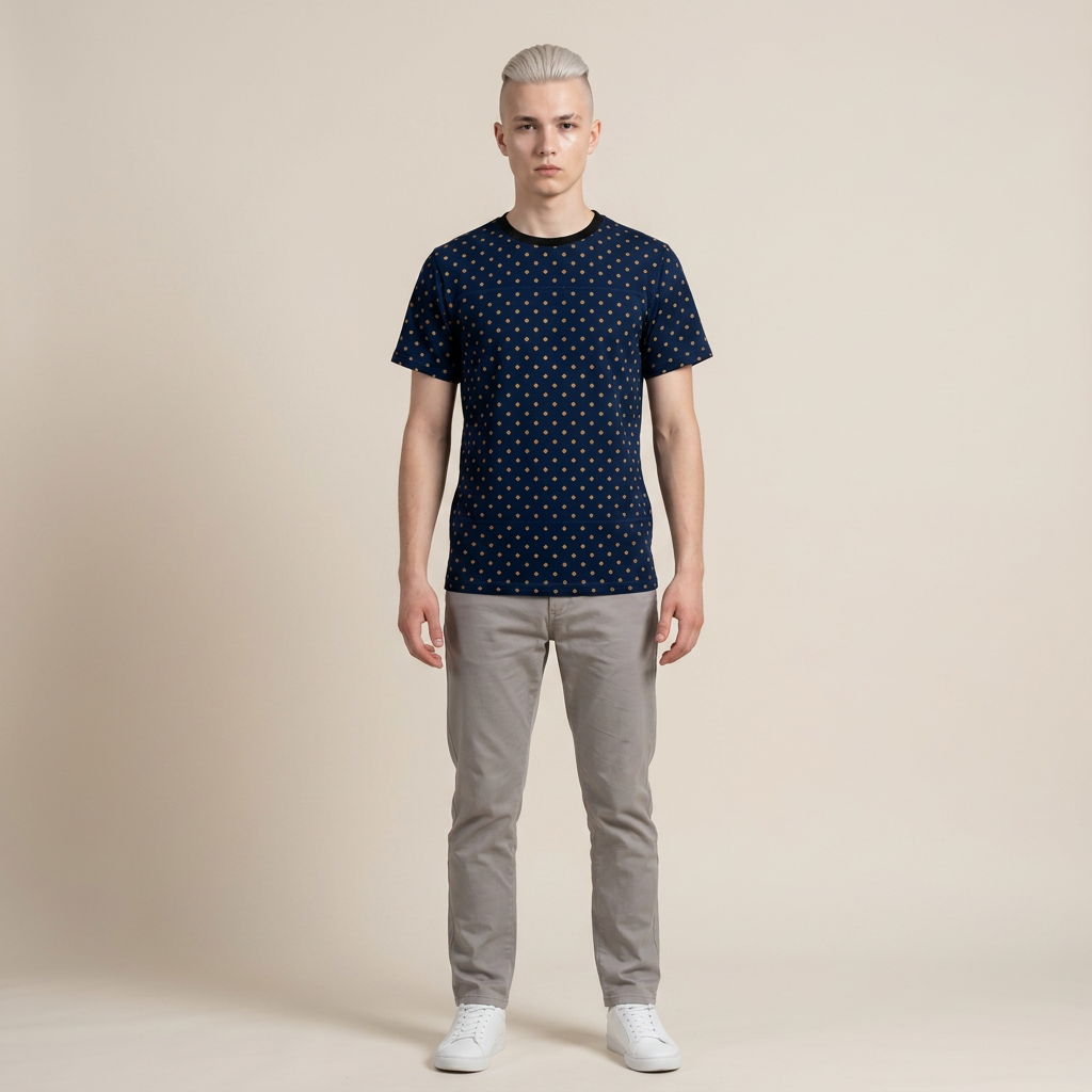 Navy Gold Dot Pattern Tee — Casual Shirt
