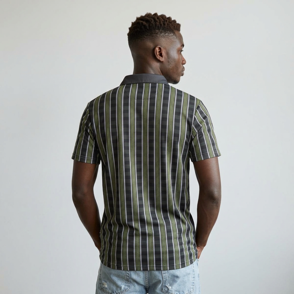 A man viewed from behind wearing a short-sleeve button-up shirt with vertical stripes in black, olive green, and beige, paired with light blue jeans, against a plain light gray background.