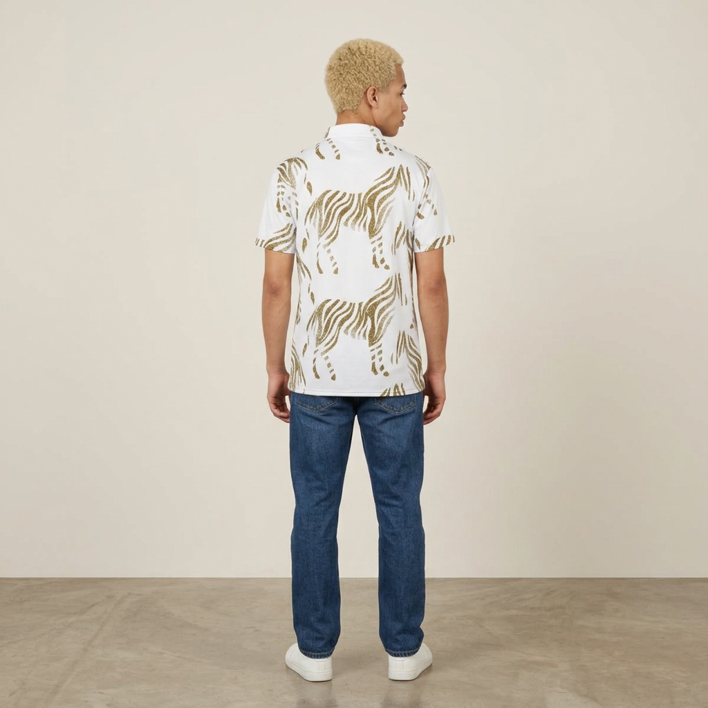 Gold Zebra Print Polo Shirt | All-Over Pattern, Animal Stripe Design