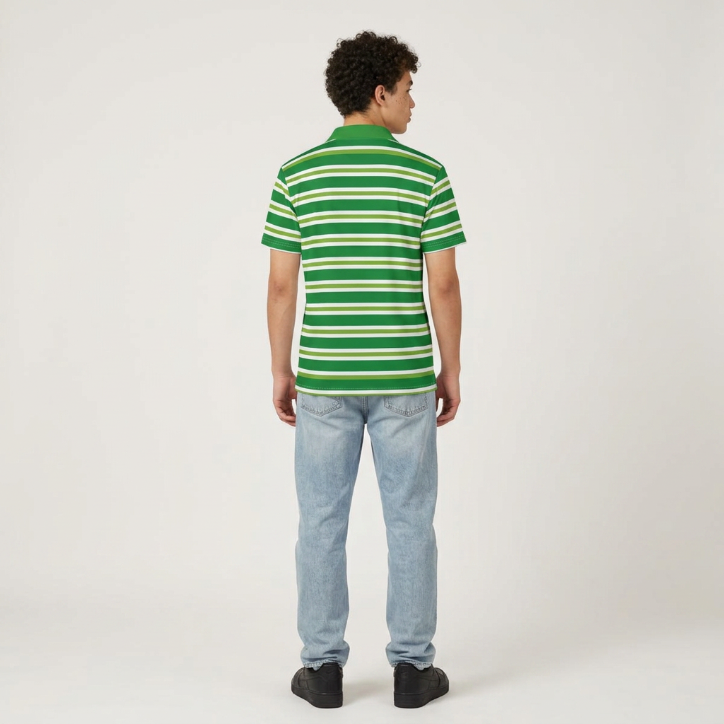 A man viewed from behind wearing a green and white striped short-sleeve polo shirt, light blue jeans, and black shoes, standing against a plain light gray studio background.