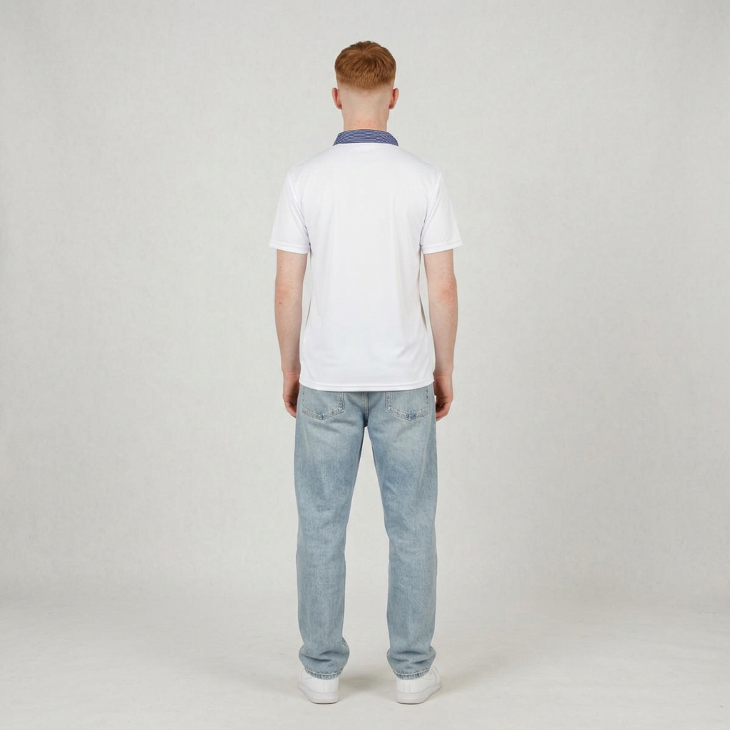 A man viewed from behind wearing a white short-sleeve polo shirt with a contrasting dark blue collar, paired with light-wash blue jeans and white sneakers, against a neutral light gray studio background.