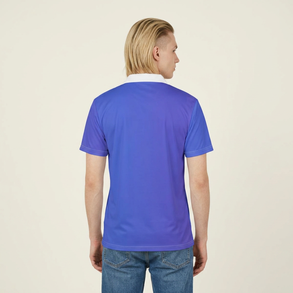 A man viewed from the back wearing a short-sleeve polo shirt with a purple-to-blue gradient body, a white collar, and blue jeans, set against a plain light beige background.