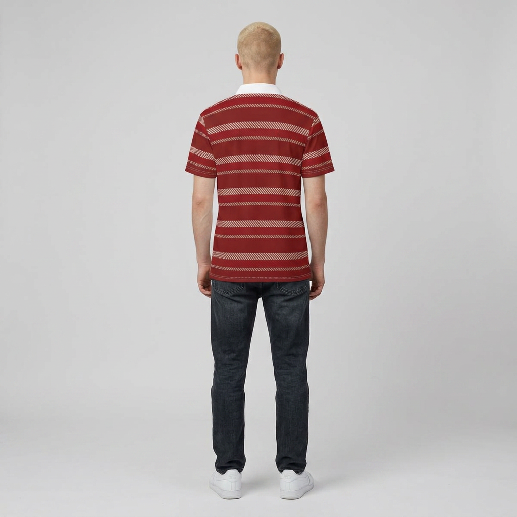 A man viewed from behind wearing a red and white horizontally striped short-sleeve knit polo shirt, dark jeans, and white sneakers, standing against a light gray studio background.