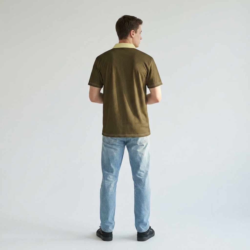 A man viewed from behind wearing an olive green short-sleeve polo shirt with a light yellow collar, paired with light blue jeans and black shoes, standing against a plain light gray studio background.