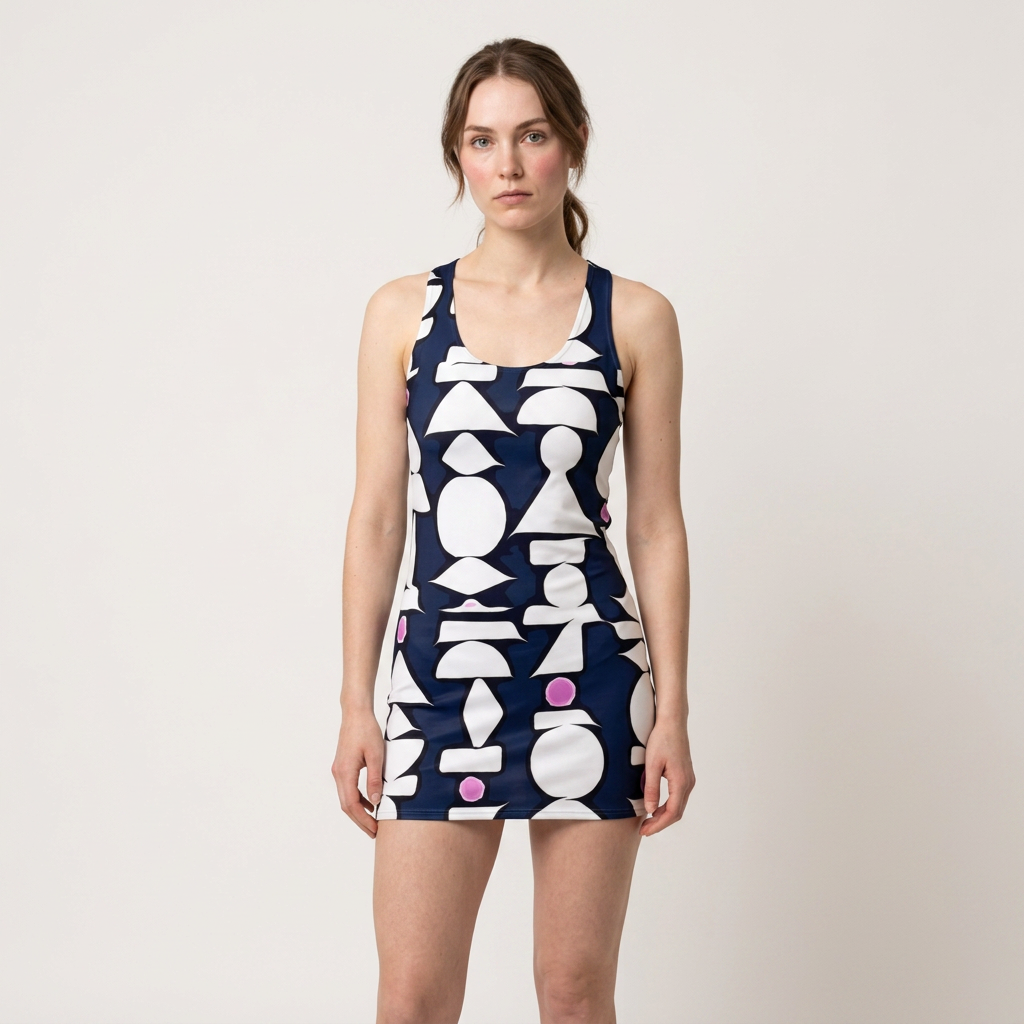 A woman modeling a sleeveless mini dress with a navy blue and white geometric pattern, featuring pink circular accents, against a plain light gray background.