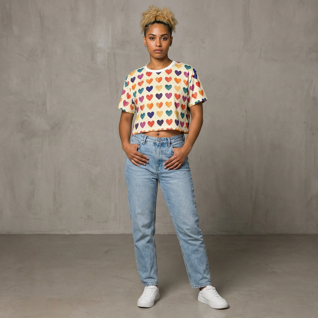 Rainbow Heart Pattern Crop Tee | Colorful Heart Print Top