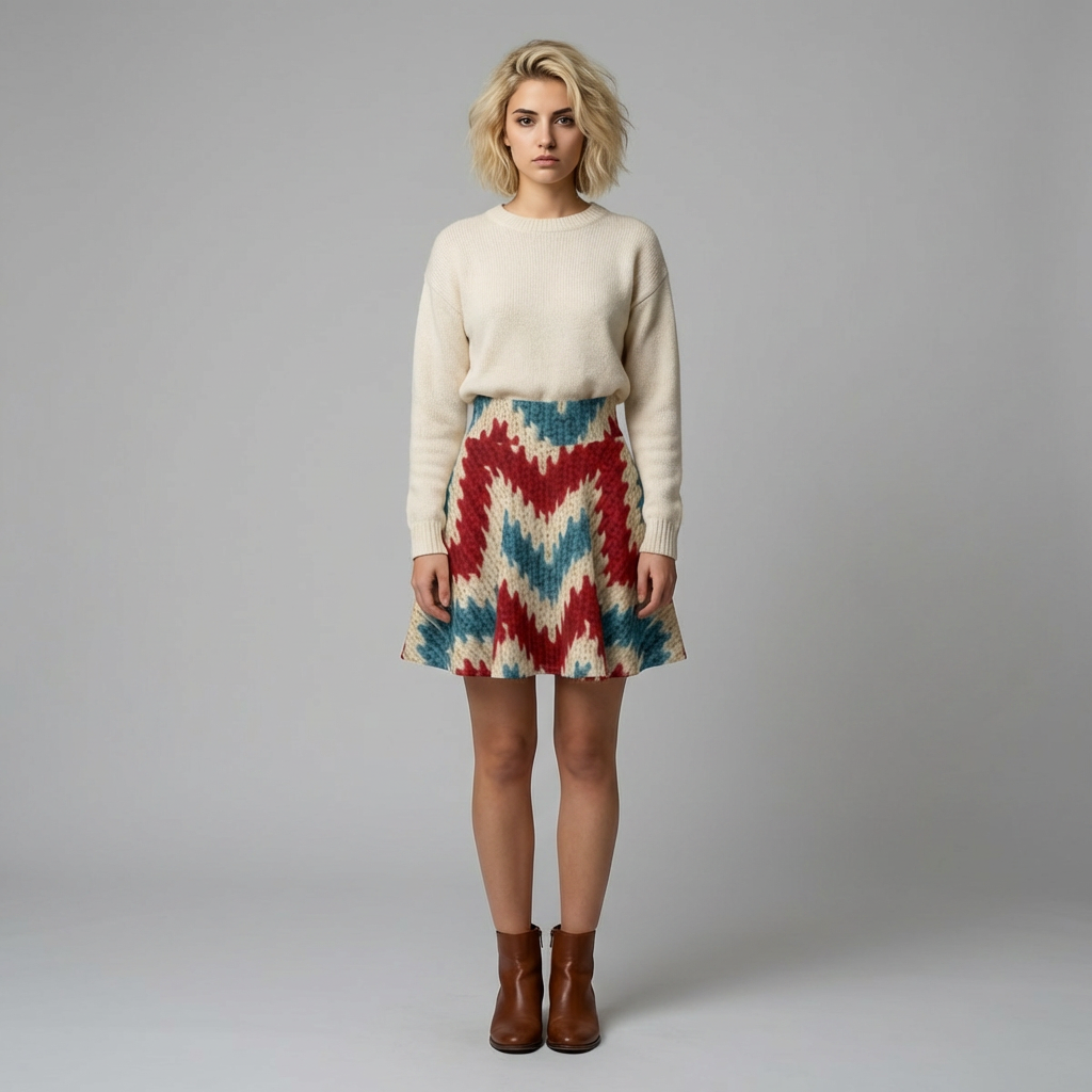 Red Blue Knit Chevron Skater Skirt | All-Over Print