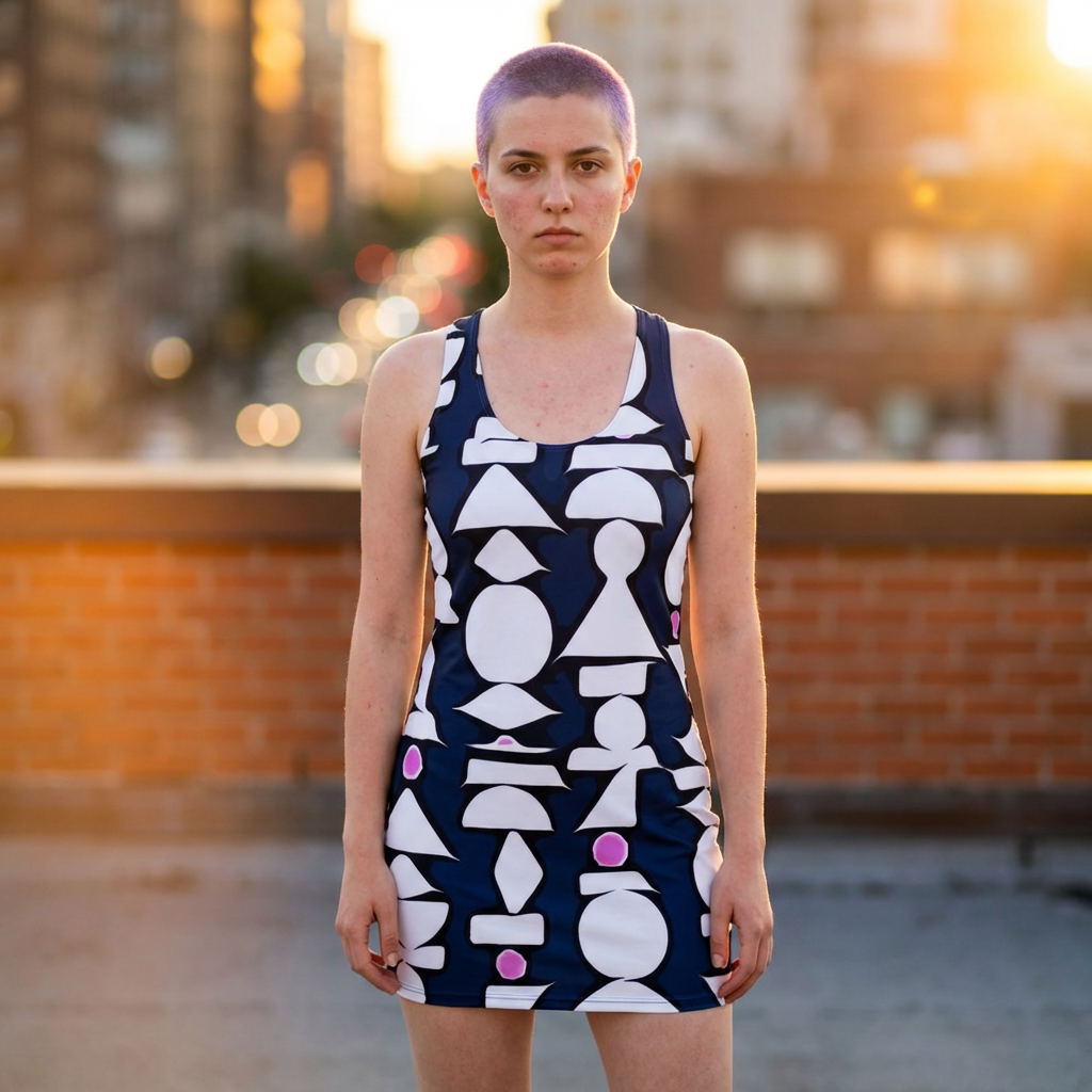 A model with a buzz cut stands on a rooftop at sunset wearing a sleeveless navy dress with a white geometric pattern and small pink accents.