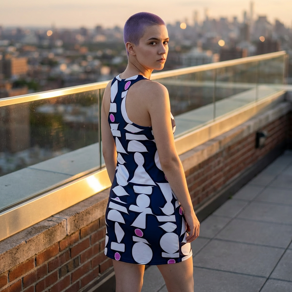 A person with short purple hair stands on a rooftop terrace at sunset wearing a sleeveless navy dress with a bold white geometric pattern and small pink accents. The background shows a blurred city skyline and glass railing.