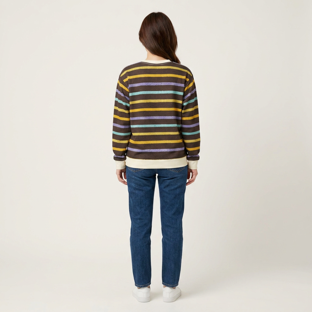 A woman viewed from the back wearing a striped knit sweater with yellow, brown, purple, and teal horizontal stripes, blue jeans, and white sneakers, against a plain light gray studio background.