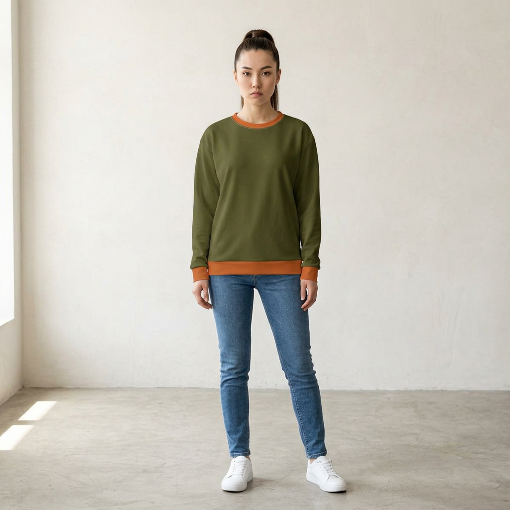 A woman stands in a minimalist studio wearing an olive green crewneck sweatshirt with orange ribbed trim, blue skinny jeans, and white sneakers.