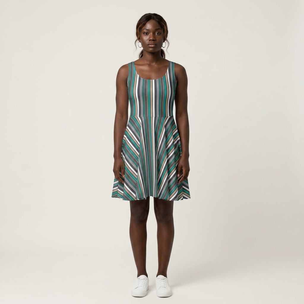 Teal Gray Diagonal Stripe Spring Dress