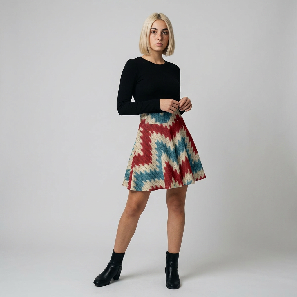 Red Blue Knit Chevron Skater Skirt | All-Over Print
