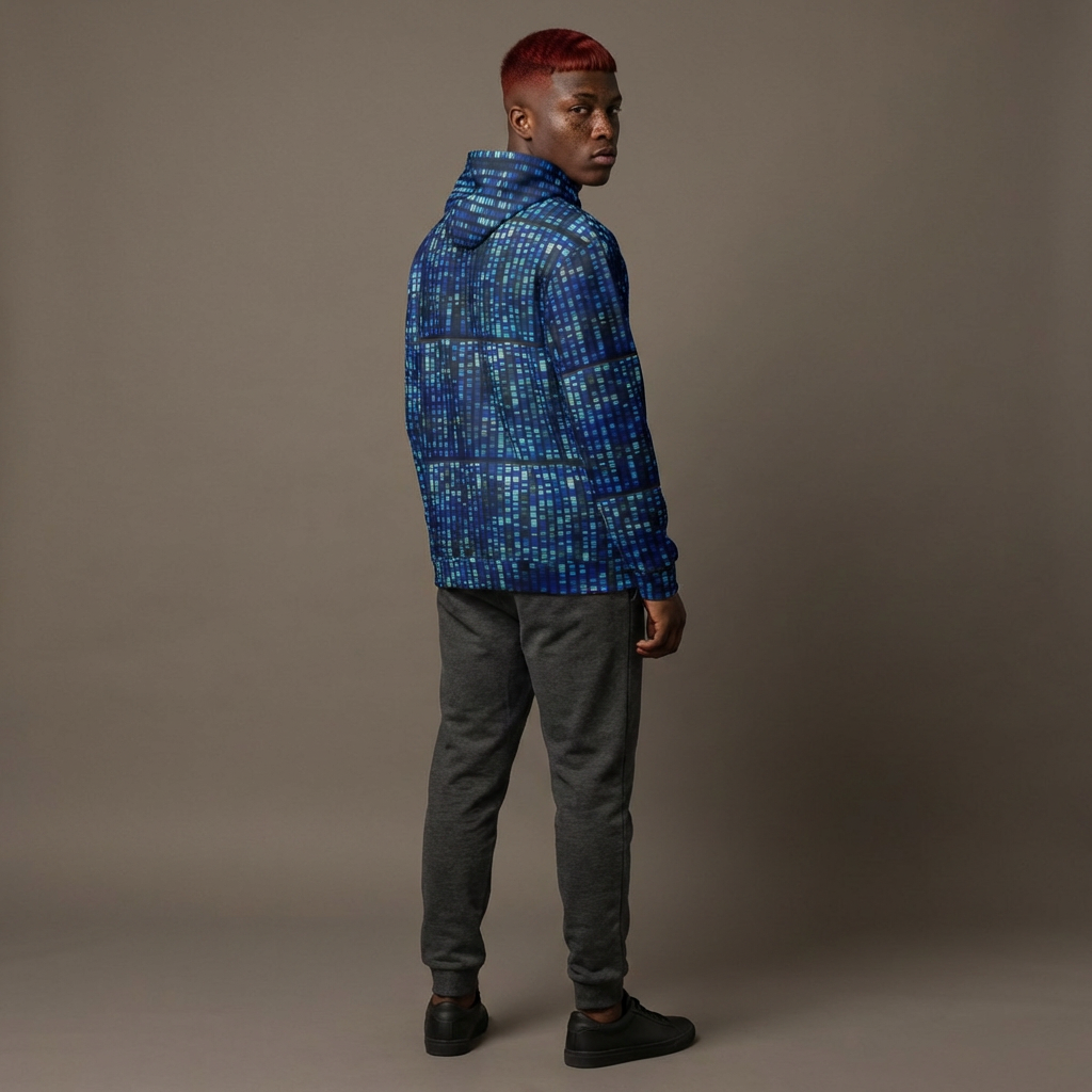 Man wearing a blue patterned jacket against a brown background