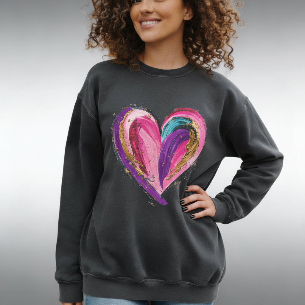 Colorful Brushstroke Heart Sweatshirt | Pink Gold Painted Heart