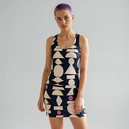 Abstract Geometric Shapes Racerback Dress | Navy White Pink Pattern