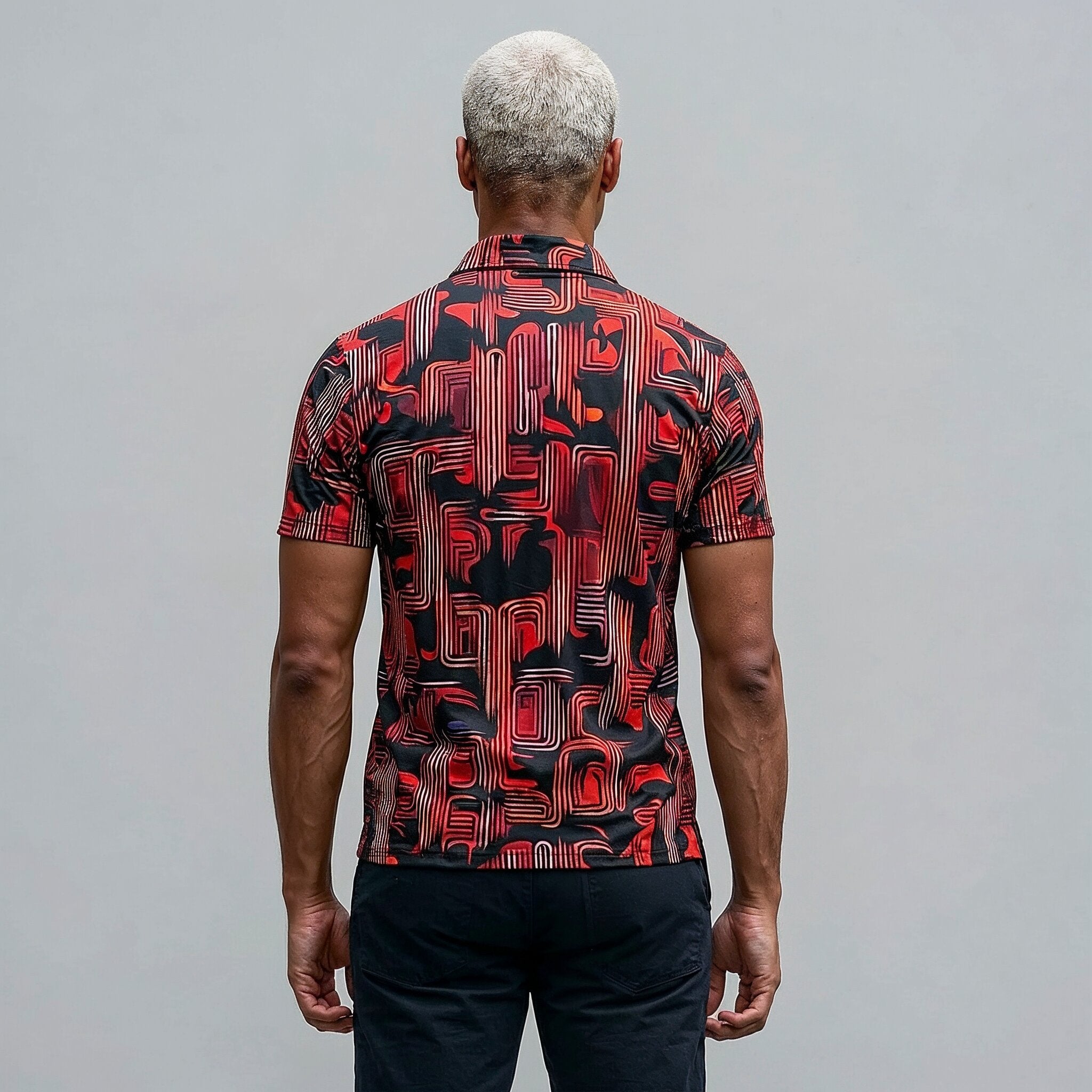 Abstract Geometric Pattern Polo Shirt | Red Black Retro Maze Design