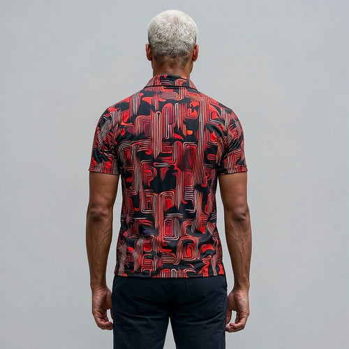 Abstract Geometric Pattern Polo Shirt | Red Black Retro Maze Design