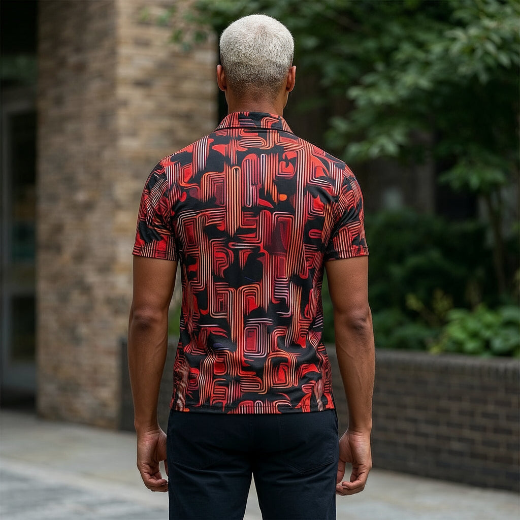 Abstract Geometric Pattern Polo Shirt | Red Black Retro Maze Design