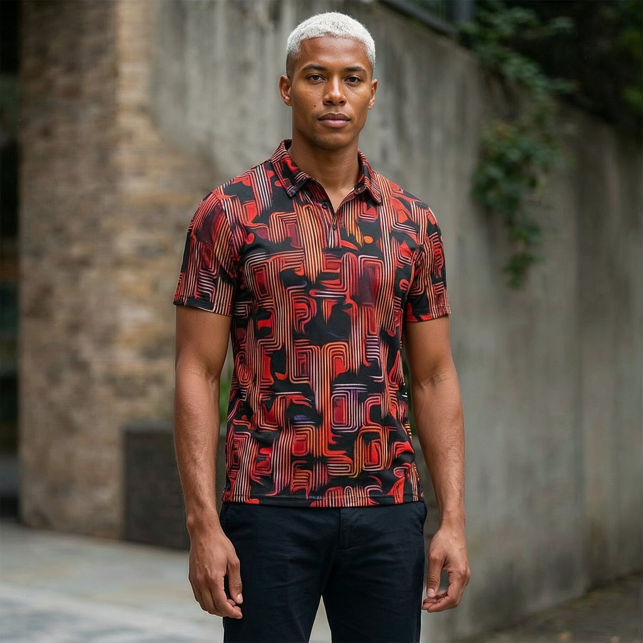 Abstract Geometric Pattern Polo Shirt | Red Black Retro Maze Design