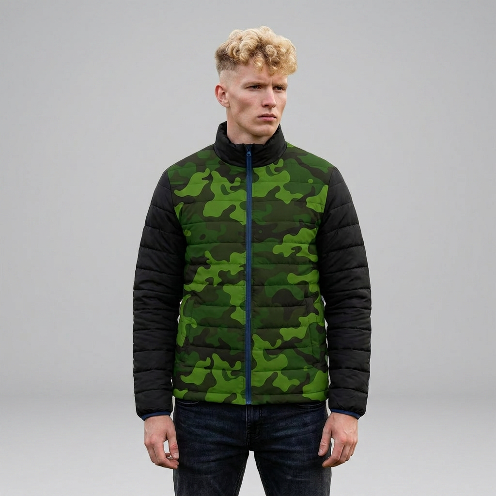 Men's Green Camo Puffer Jacket — Insulated Outdoor Winter Coat