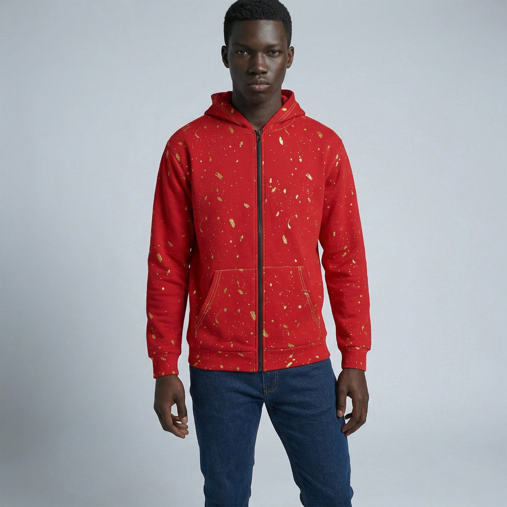 Gold Paint Splatter Confetti Red Zip Hoodie | Splatter Pattern Hoodie