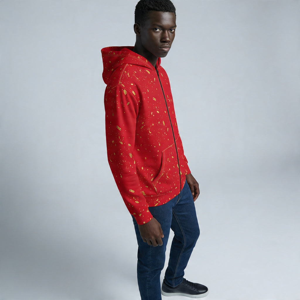 Gold Paint Splatter Confetti Red Zip Hoodie | Splatter Pattern Hoodie
