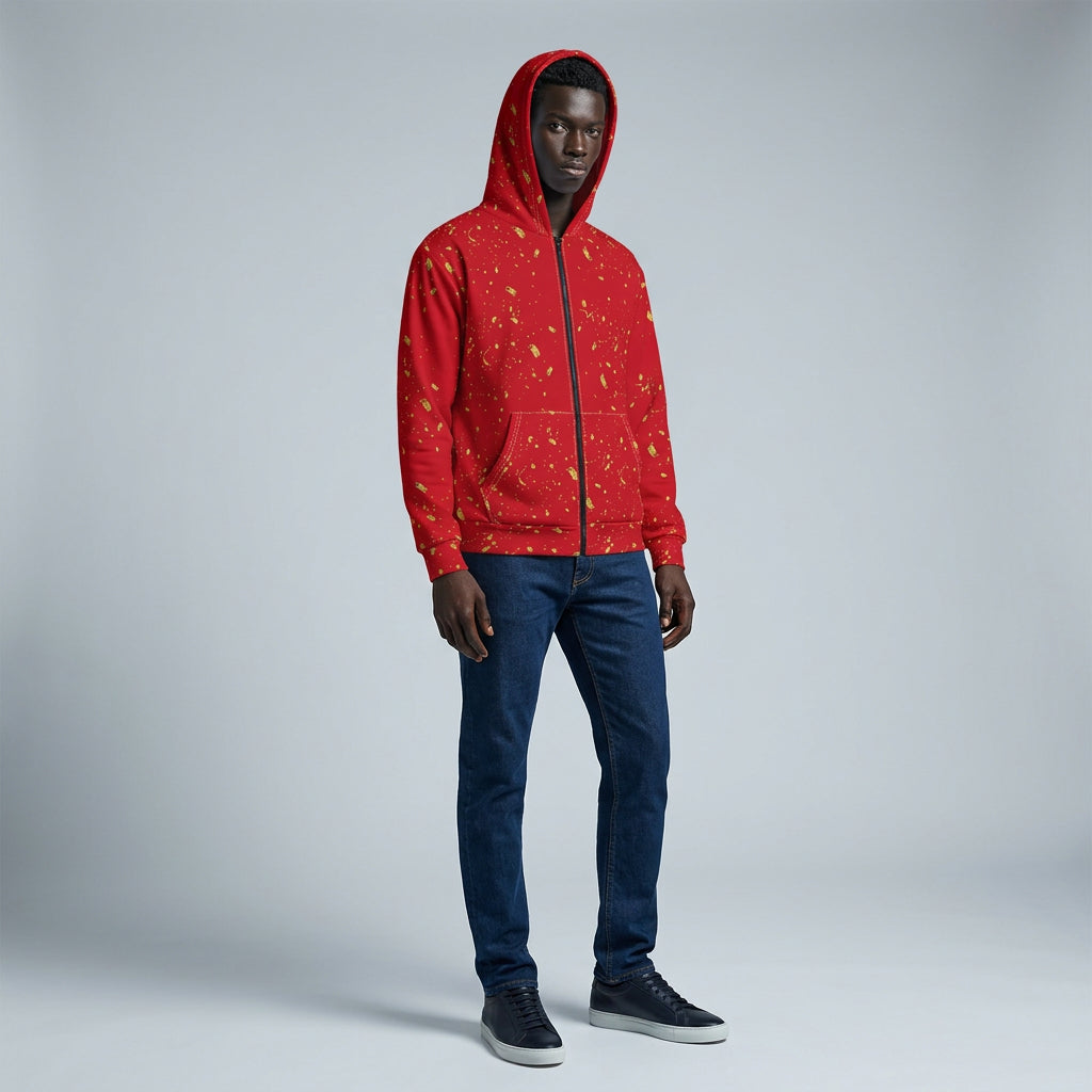 Gold Paint Splatter Confetti Red Zip Hoodie | Splatter Pattern Hoodie