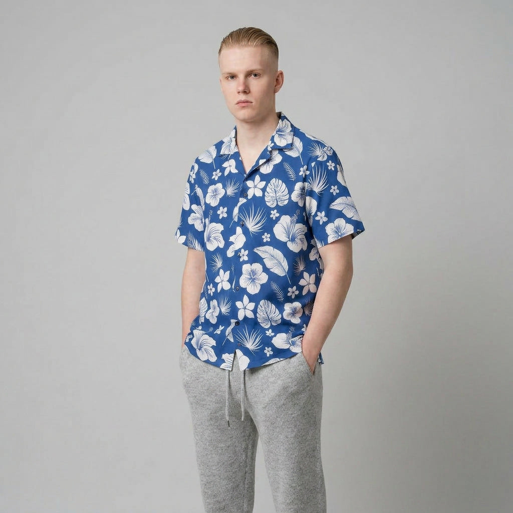 Hawaiian Floral Camp Shirt – Blue Tropical Aloha Print