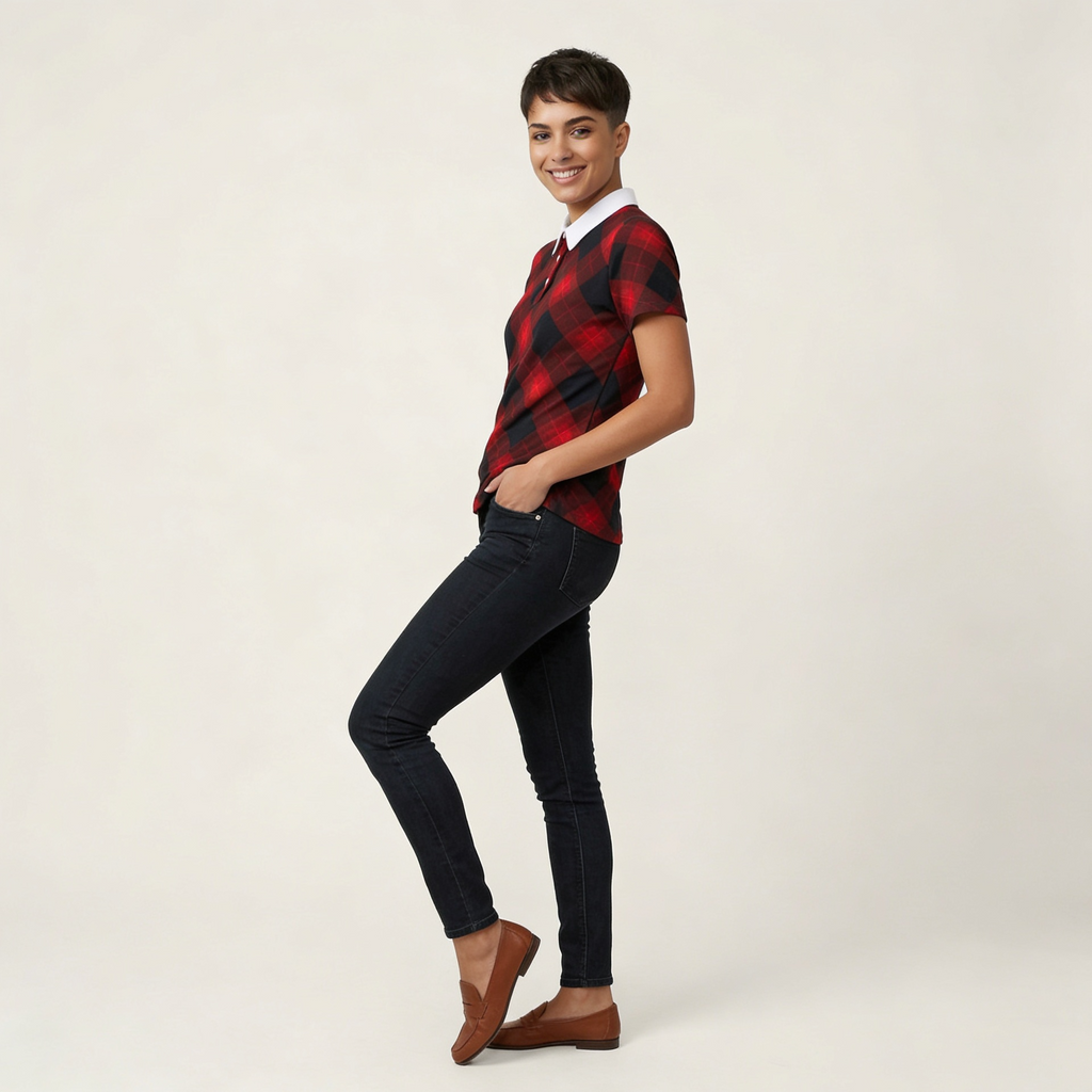 Person wearing a red plaid shirt and black jeans on a white background
